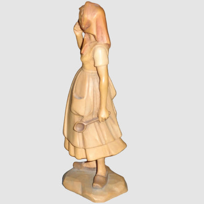 "Farm Woman With Spoon" Anri Wood Carving Figurine - Signed (5")