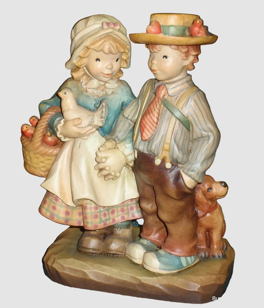 Anri Juan Ferrandiz SPRINGTIME STROLL With Box - Little Boy & Girl Holding Hands With Puppy By Their Side RARE Limited Edition Wood Carving!