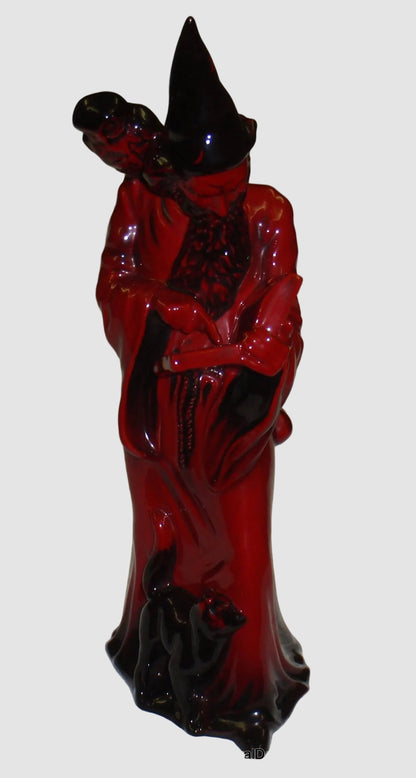 Royal Doulton The Wizard Flambe Figurine HN 3121 Large Spell Book Owl Cat Red Black Glaze Vintage England Porcelain Bone China