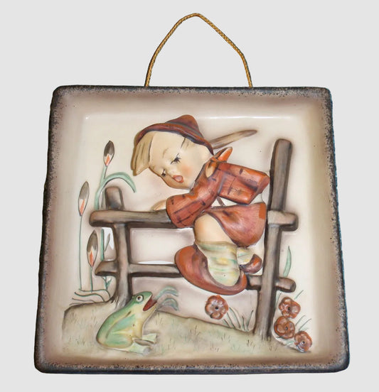 Retreat To Safety Goebel Hummel Wall Plaque Figurine 126 Boy on Fence Frog Bas-Relief Vintage Germany Porcelain