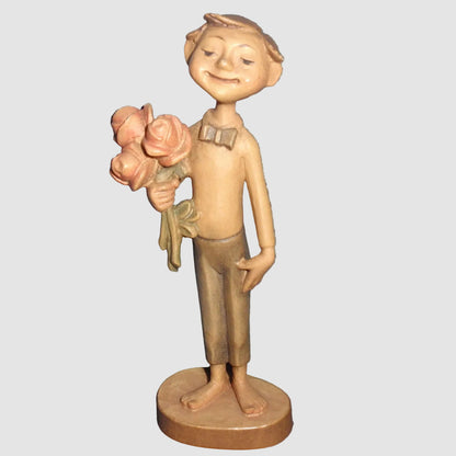 Anri Happy Birthday Wood Carving Figure 688-580 Boy with Roses Alles Gute zum Geburtstag Siegfried Hafner Italy Vintage
