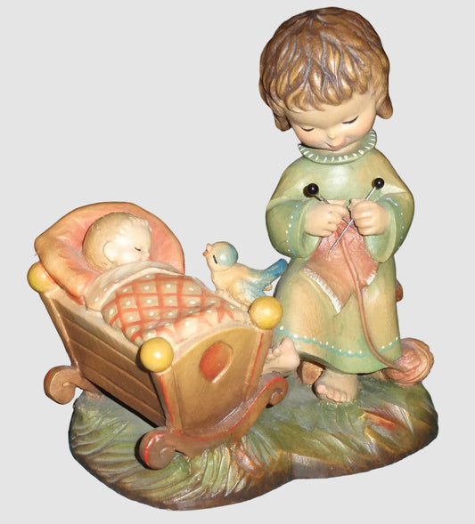 Anri 6" Wood Carving Figurine "Rock A Bye" Made In Italy - Adorable Baby Shower Gift - Signed By Ulrich Bernardi With Box!