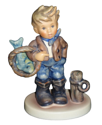 Goebel Hummel Figurine #2031 Catch Of The Day - Young Boy with Fish in Basket - 4.25 Inches Tall - TMK8 - Helmut Fischer Master Sculptor - Excellent Condition