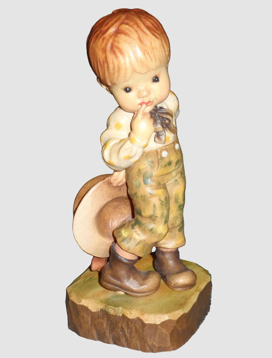 ANRI A Little Bashful Woodcarving Figurine 57191 Sarah Kay Hand Carved Italy Wooden Boy Hat Shy Vintage