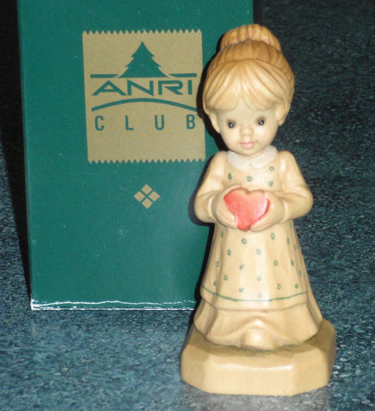 Anri Club Sarah Kay Valentine "Gift Of Love" Wood Carving Figurine Signed by Ulrich Bernardi With Box From Italy - Little Girl With Heart!