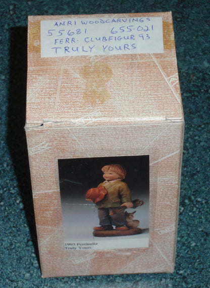 ANRI Ferrandiz Wood Carved Figurine "Truly Yours" Boy with Rabbit & Umbrella With Original Box - Cute Collectible Gift From Italy!