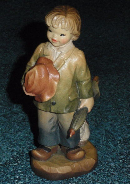 ANRI Ferrandiz Wood Carved Figurine "Truly Yours" Boy with Rabbit & Umbrella With Original Box - Cute Collectible Gift From Italy!