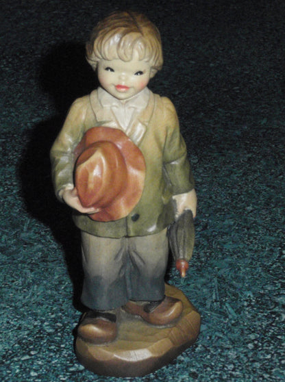 ANRI Ferrandiz Wood Carved Figurine "Truly Yours" Boy with Rabbit & Umbrella With Original Box - Cute Collectible Gift From Italy!