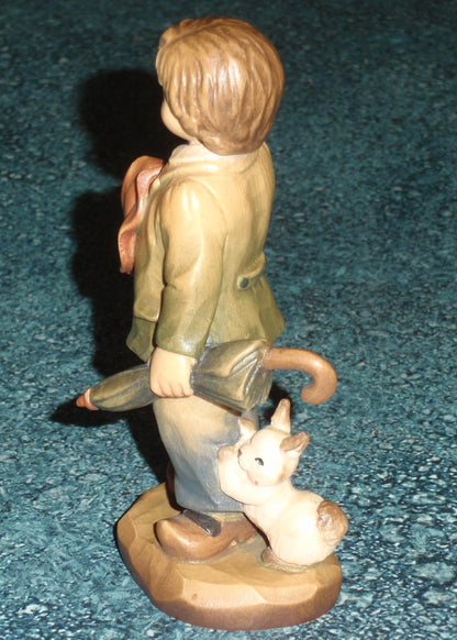 ANRI Ferrandiz Wood Carved Figurine "Truly Yours" Boy with Rabbit & Umbrella With Original Box - Cute Collectible Gift From Italy!