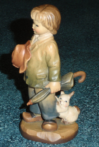 ANRI Ferrandiz Wood Carved Figurine "Truly Yours" Boy with Rabbit & Umbrella With Original Box - Cute Collectible Gift From Italy!