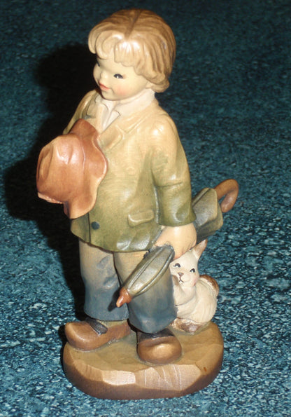 ANRI Ferrandiz Wood Carved Figurine "Truly Yours" Boy with Rabbit & Umbrella With Original Box - Cute Collectible Gift From Italy!
