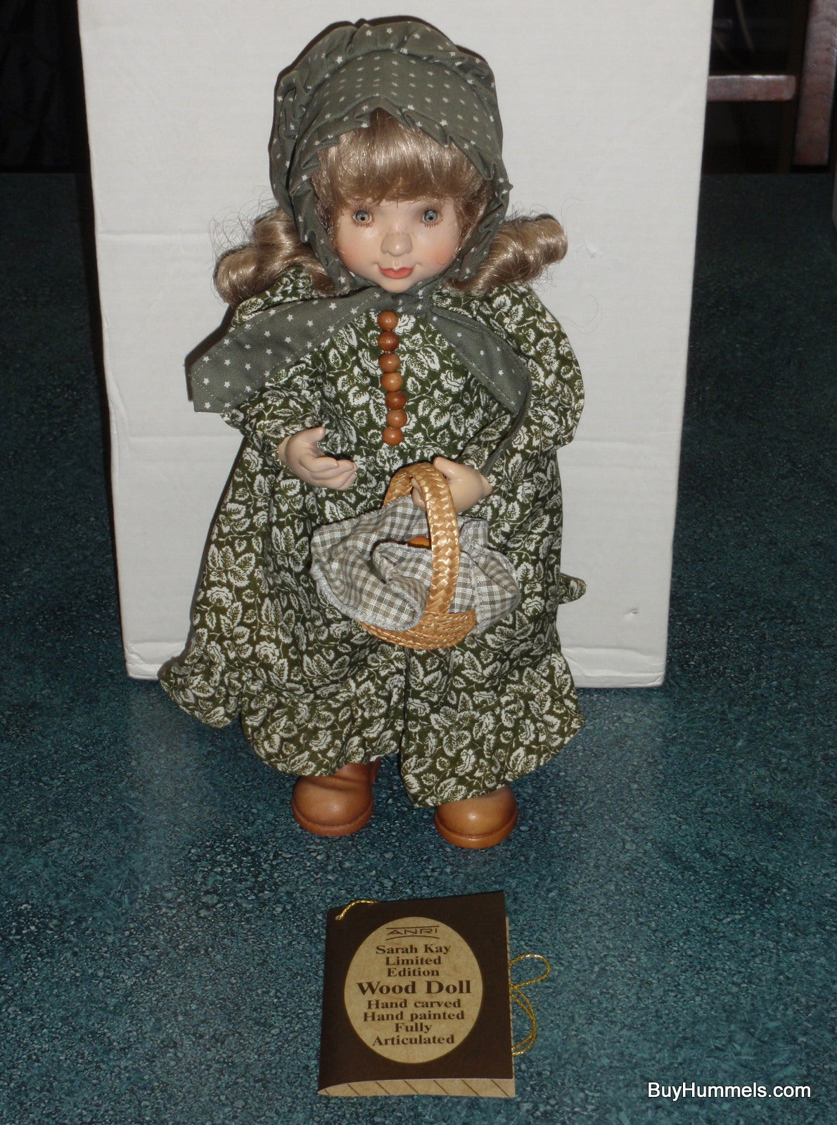 "Emily" ANRI Wood Carved FULLY ARTICULATED 14" Doll by Sarah Kay Signed With Basket Of Apples And Original Box!