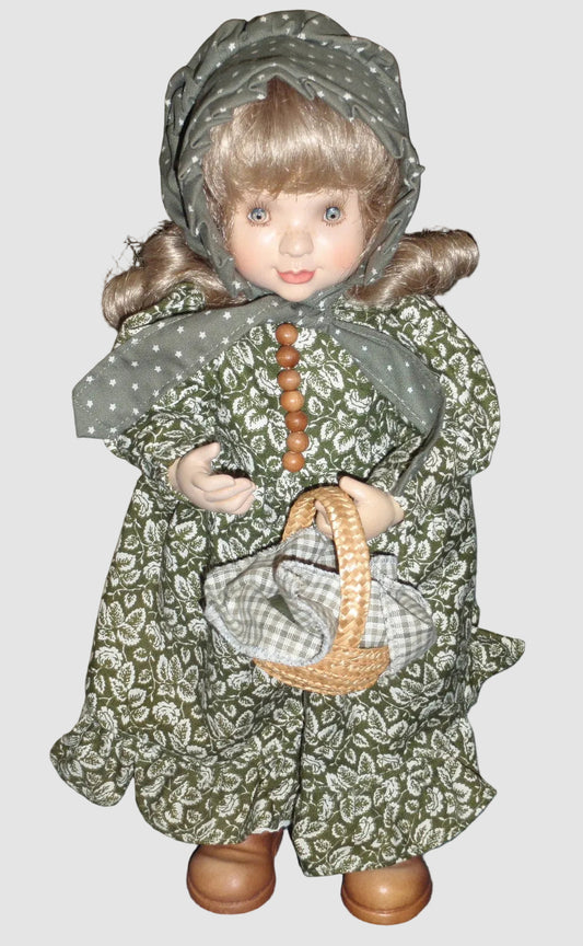 "Emily" ANRI Wood Carved FULLY ARTICULATED 14" Doll by Sarah Kay Signed With Basket Of Apples And Original Box!