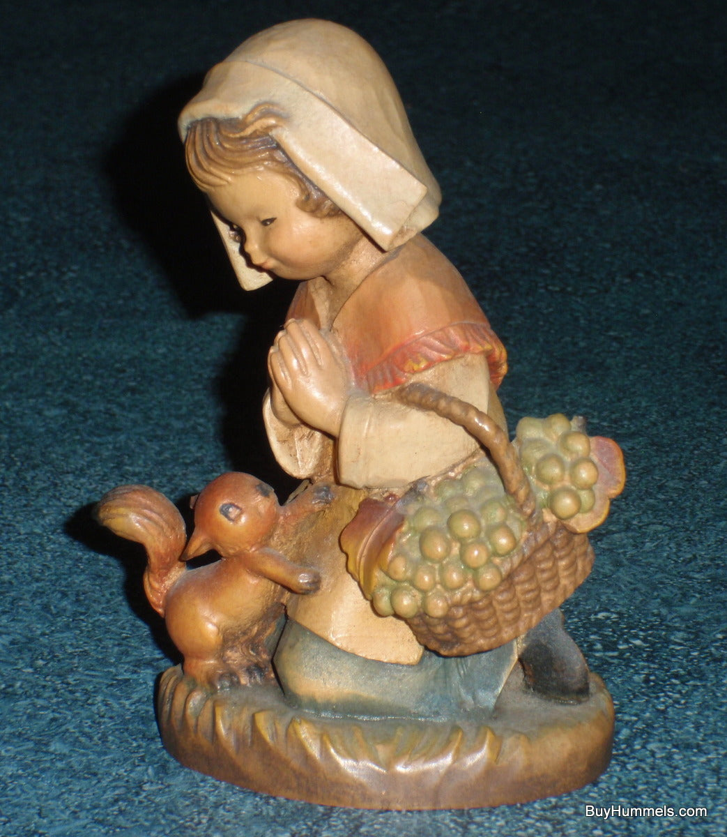 "THANKSGIVING" ANRI Juan FERRANDIZ 5" Wood Carved Figure Girl With Squirrel And Basket - GIFT!