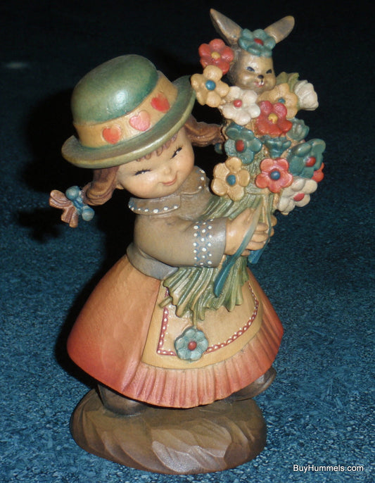 "Flower Girl" ANRI Juan FERRANDIZ 6" Wood Carved Figure Girl W/ Bunny & Flowers!