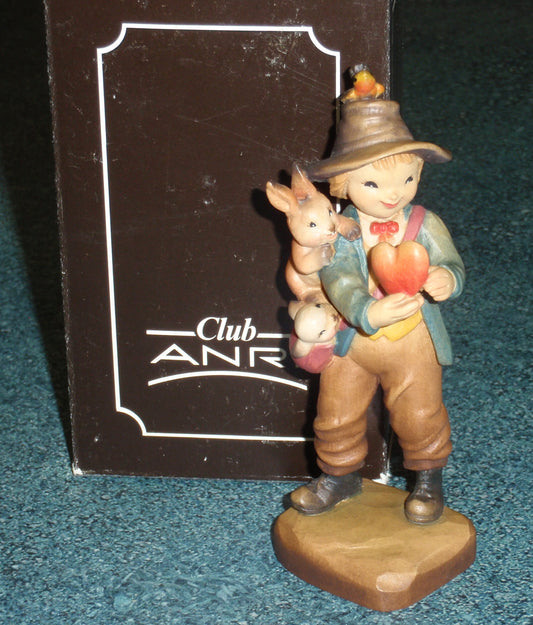 Anri "Will You Be Mine" 4.5" Hand Carved Wood Figurine By Ferrandiz With Box - Boy With Heart In His Hands And Bunnies And Bird As Friends!