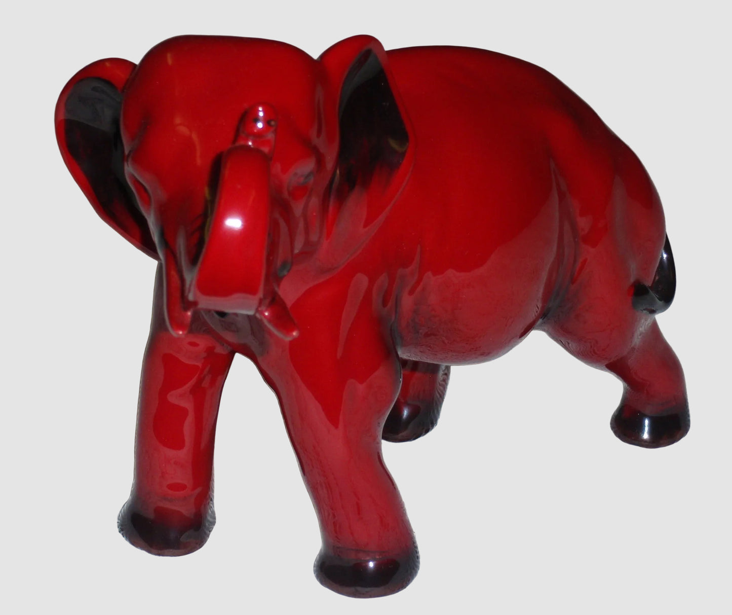 Royal Doulton Flambe Elephant Trunk In Salute Figurine HN891A Charles Noke Red Black Glaze Good Luck Vintage England Porcelain