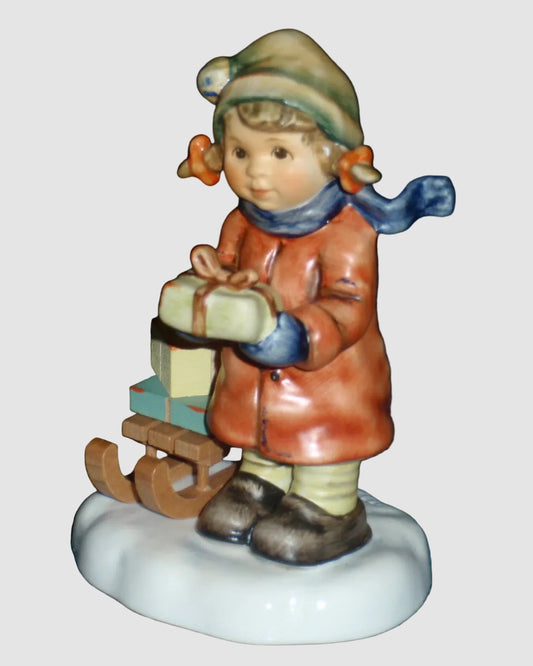 "Good Tiding" Goebel Hummel Figurine #2026 2/0 TMK8 - Girl With Sled And Christmas Presents