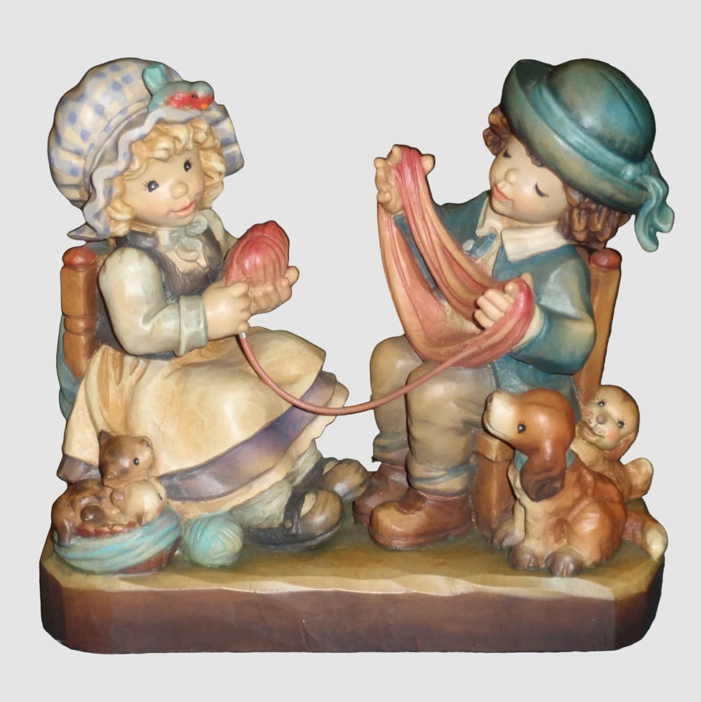 ANRI Ferrandiz A Loving Hand Woodcarving 652705 Juan Ferrandiz Boy Girl Puppies Kittens Yarn Limited Edition Vintage Italy Wood