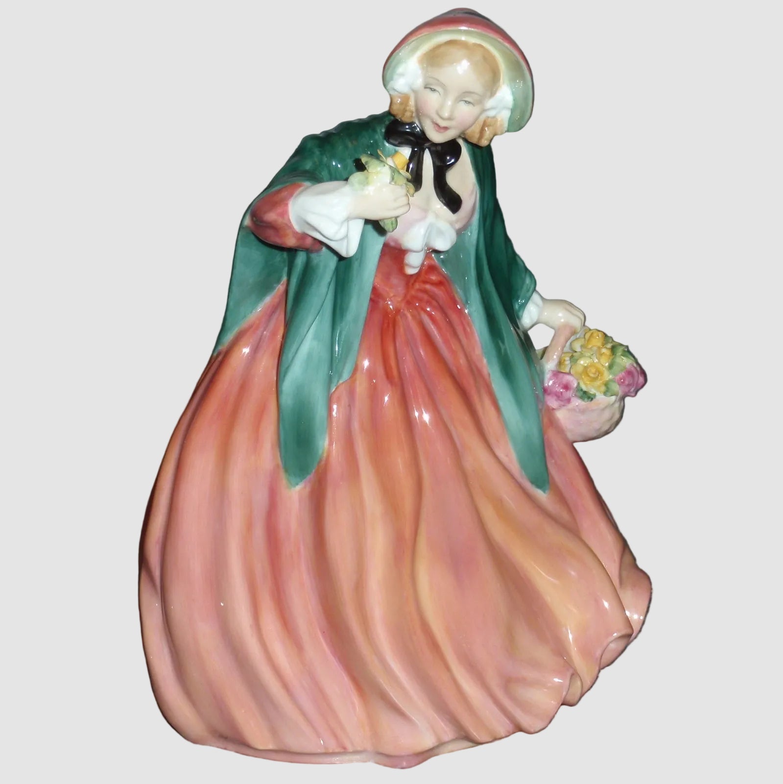 Royal Doulton Lady Charmian Figurine HN1948 Leslie Harradine Woman Pink Dress Green Shawl Roses Vintage England Bone China