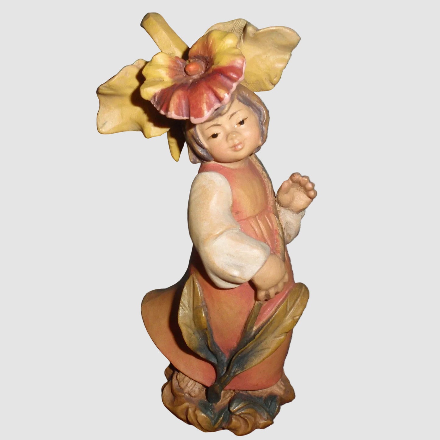 ANRI Morning Glory Girl Woodcarving Hand Carved Italy Wooden Girl Flower Hat Dress Vintage Springtime