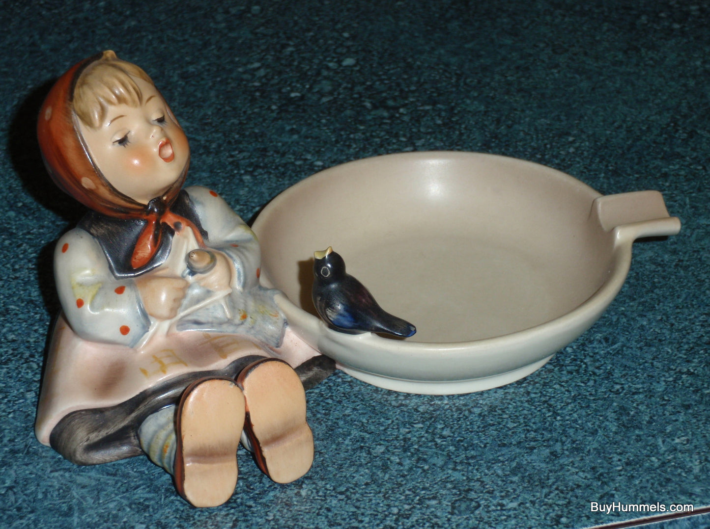 "Happy Pastime" Goebel Hummel Figurine Ashtray #62 - Girl Knitting With Black Bird!