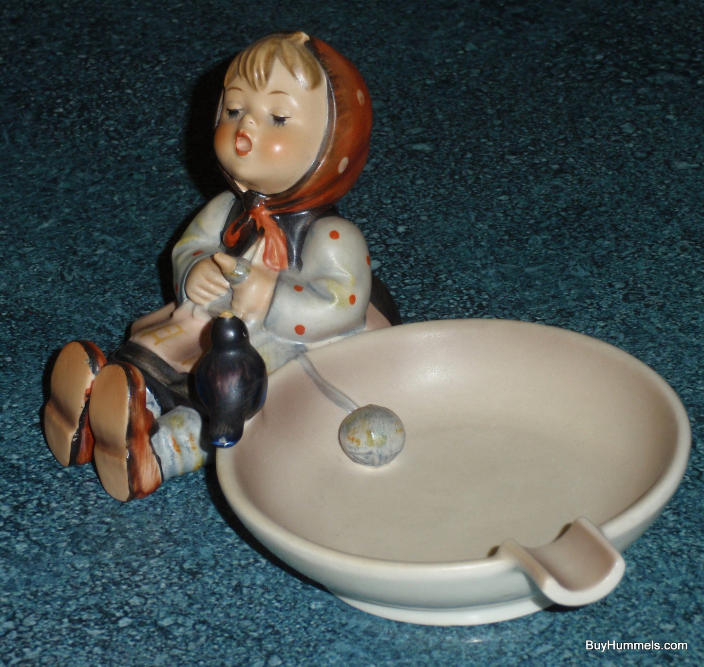 "Happy Pastime" Goebel Hummel Figurine Ashtray #62 - Girl Knitting With Black Bird!