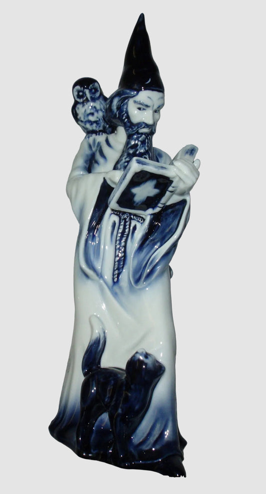 Royal Doulton Blue Flambe Wizard Figurine HN3121 Owl Cat Spell Book Porcelain