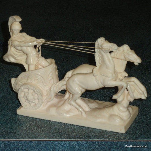 A. Santini Alabaster Sculpture Roman Gladiator Chariot with Horses Made in Italy
