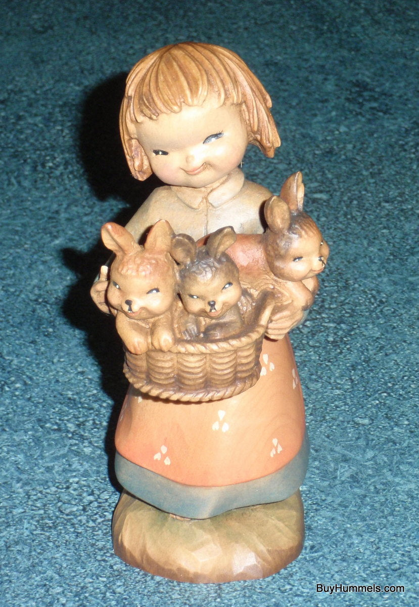 6" Anri Ferrandiz Hand Carved Wood "Basket of Joy" Girl With Bunnies Italy Box!