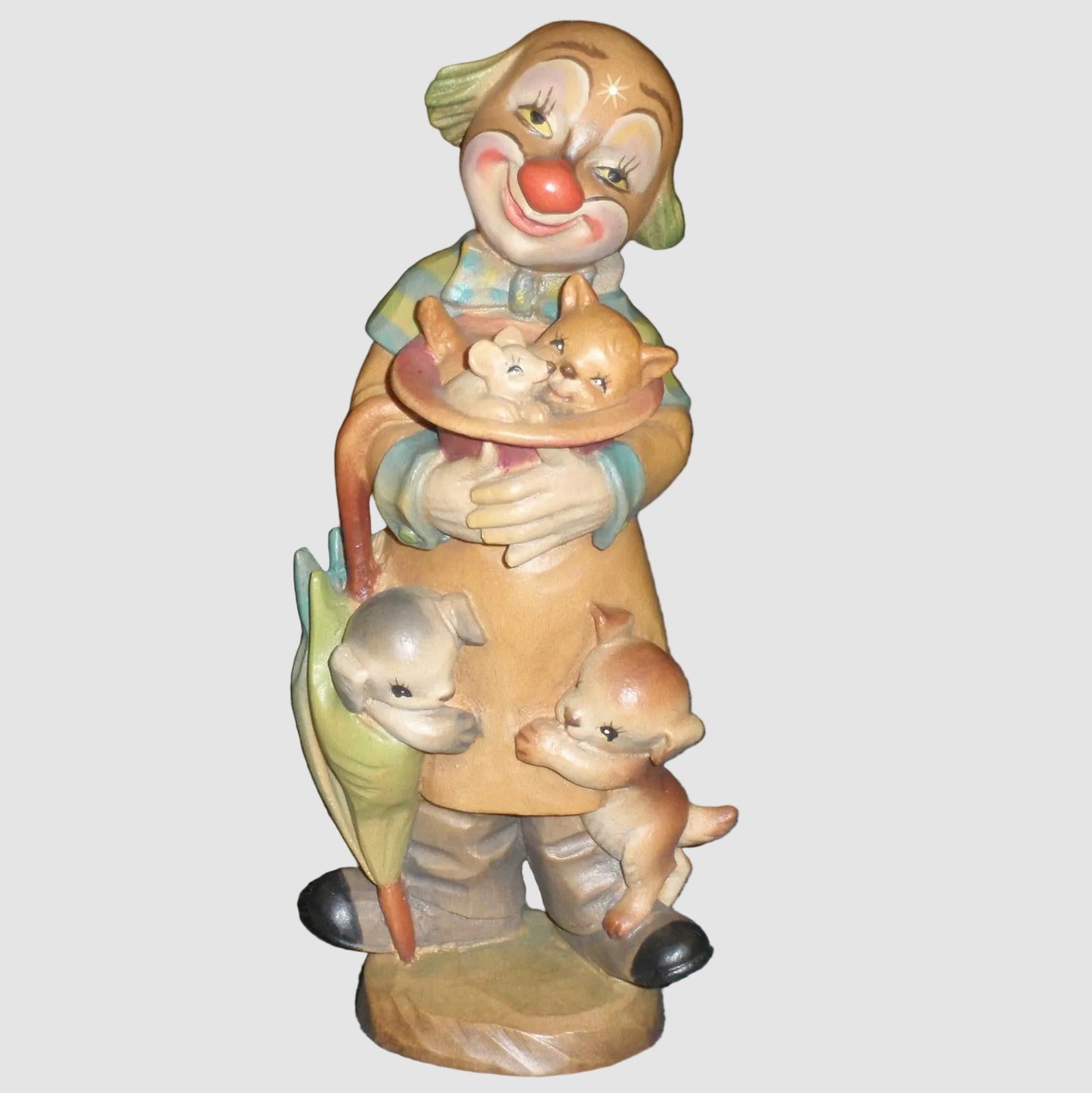 ANRI Surprise Woodcarving Clown Figurine 651620 Ferrandiz Signed Ulrich Bernardi Hand Carved Italy Wooden Puppies Kitten Mouse