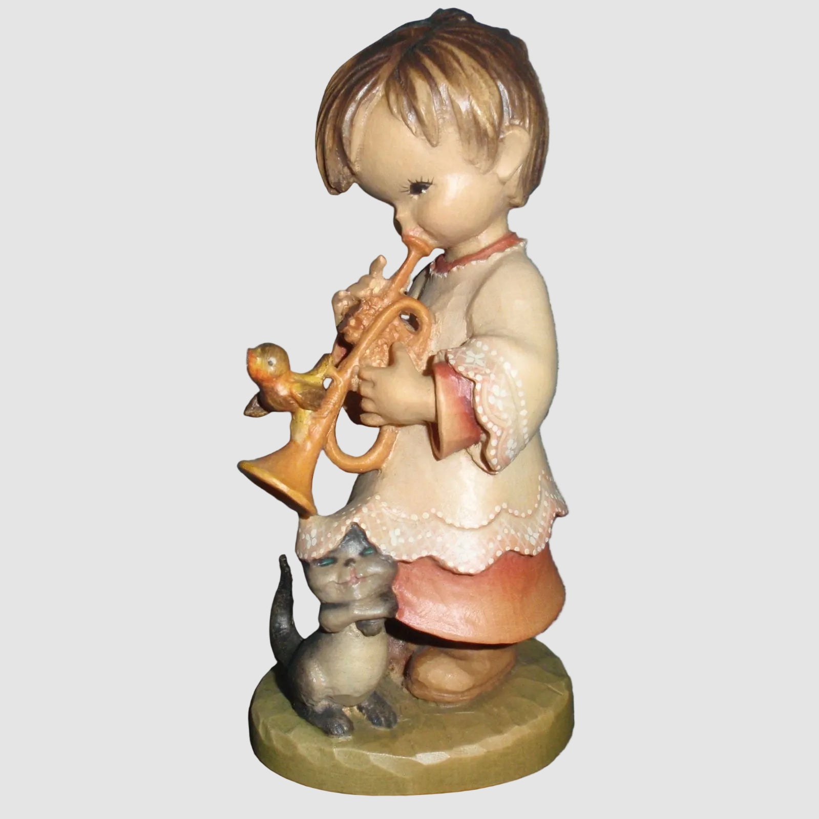 ANRI Trumpeter Woodcarving Figurine 651-312 Juan Ferrandiz Signed Rudi Kostner Hand Carved Italy Wooden Girl Cat Bird
