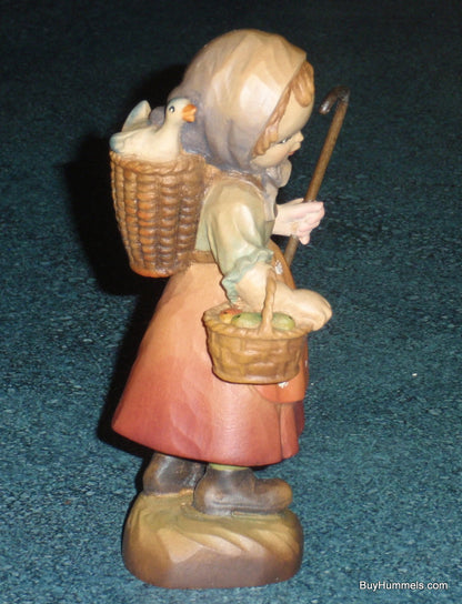 Anri "To Market" Hand Carved 6" Wood Figurine By Ferrandiz - Little Girl With Basket And Duck!