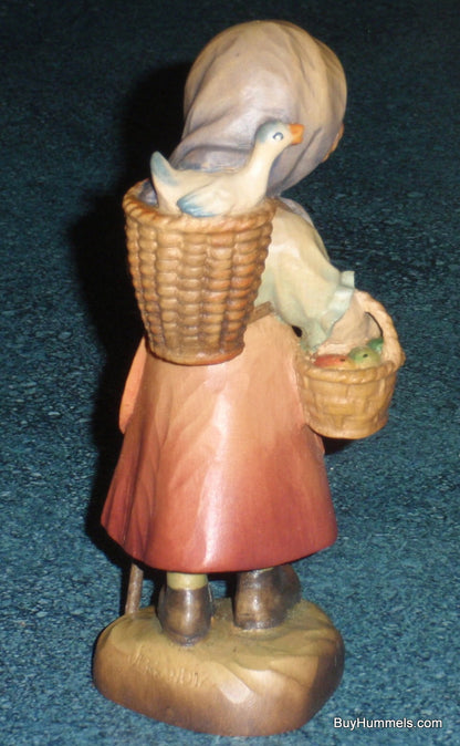 Anri "To Market" Hand Carved 6" Wood Figurine By Ferrandiz - Little Girl With Basket And Duck!