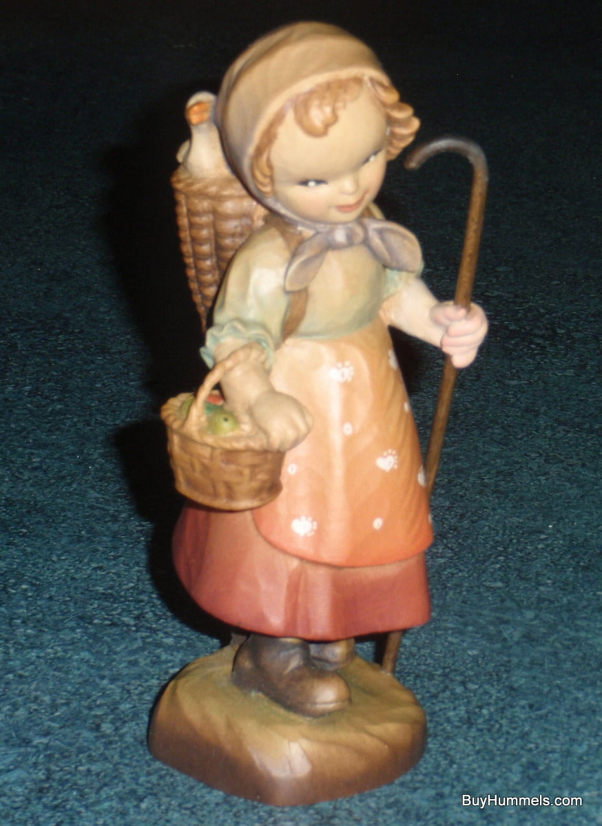 Anri "To Market" Hand Carved 6" Wood Figurine By Ferrandiz - Little Girl With Basket And Duck!