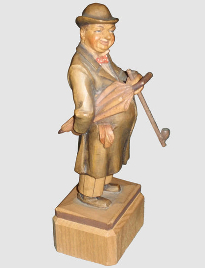 ANRI Man With Umbrella & Pipe Woodcarving Figurine 52220/5 Signed Ulrich Bernardi Hand Carved Italy Wooden Gentleman Vintage