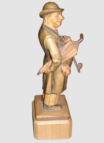 "Man With Umbrella & Pipe" ANRI Woodcarving Figurine #52220/5 - Signed (7")