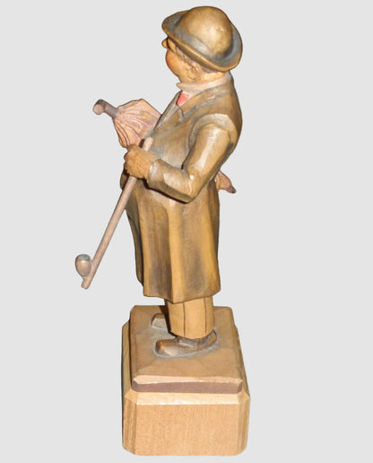 "Man With Umbrella & Pipe" ANRI Woodcarving Figurine #52220/5 - Signed (7")