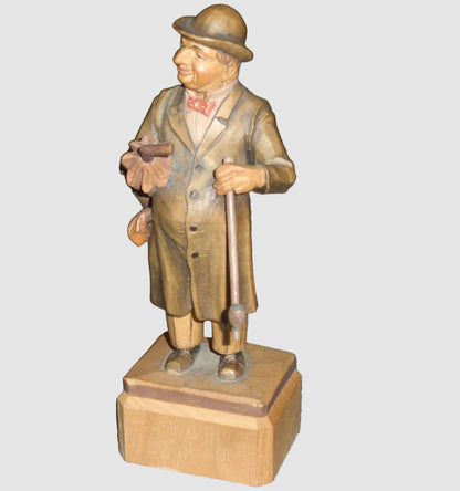 "Man With Umbrella & Pipe" ANRI Woodcarving Figurine #52220/5 - Signed (7")