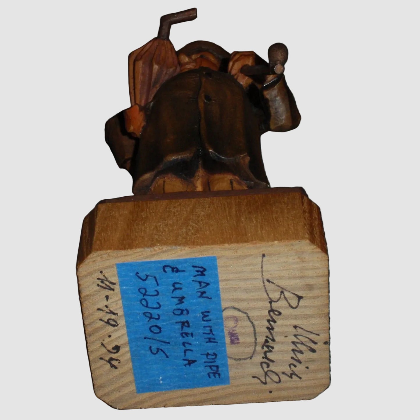 "Man With Umbrella & Pipe" ANRI Woodcarving Figurine #52220/5 - Signed (7")