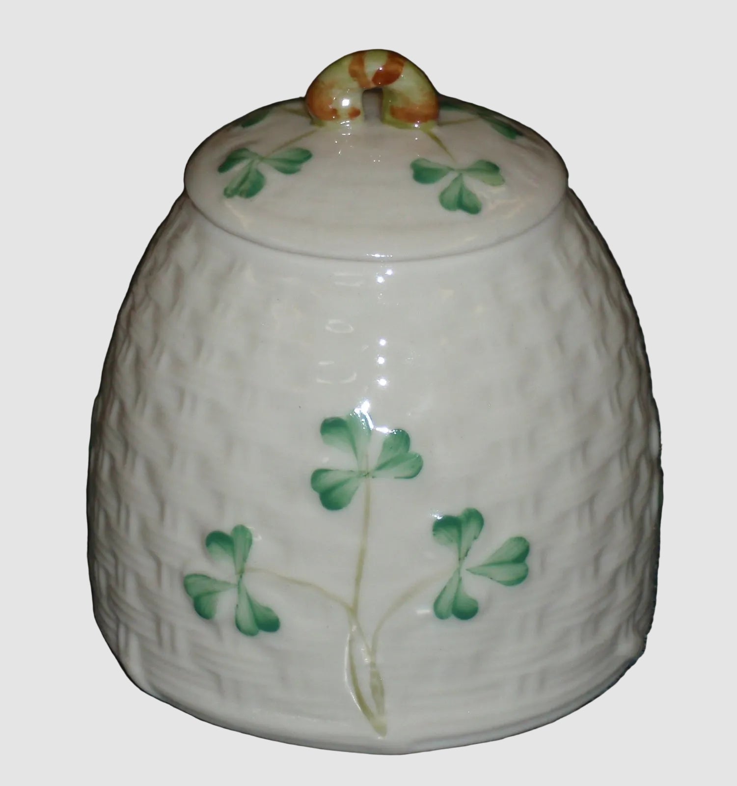 Belleek Ireland Shamrock Honey Pot Jar with Lid - Fine Parian