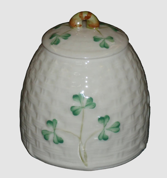 Belleek Ireland Shamrock Honey Pot Jar Sugar Bowl Lid Fine Parian China Hand Painted Green Clovers Basketweave Texture Vintage Irish