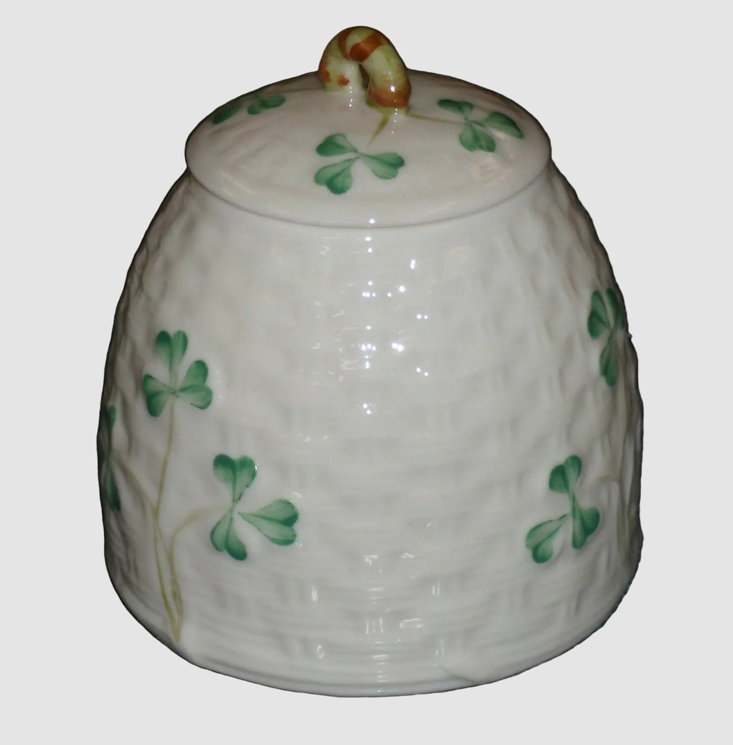 Belleek Ireland Shamrock Honey Pot Jar with Lid - Fine Parian China (3.5")