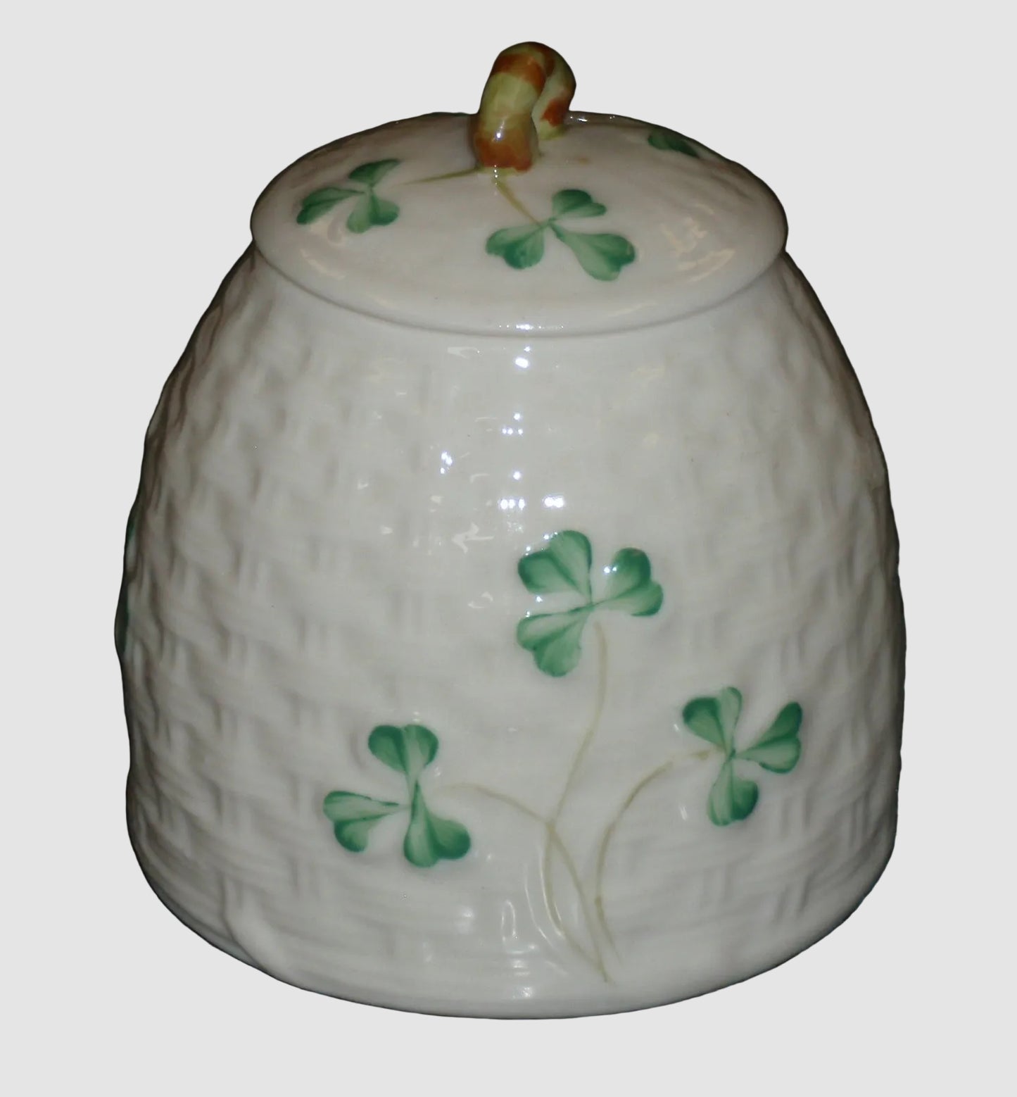 Belleek Ireland Shamrock Honey Pot Jar with Lid - Fine Parian China (3.5")