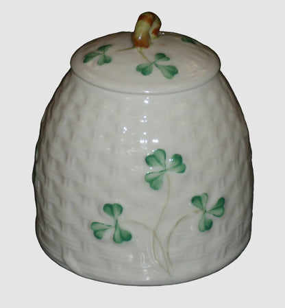 Belleek Ireland Shamrock Honey Pot Jar with Lid - Fine Parian China (3.5")