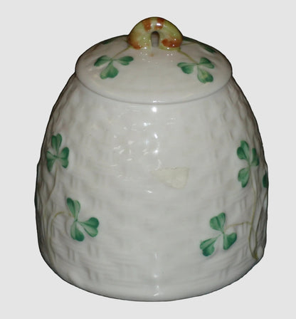 Belleek Ireland Shamrock Honey Pot Jar with Lid - Fine Parian China (3.5")
