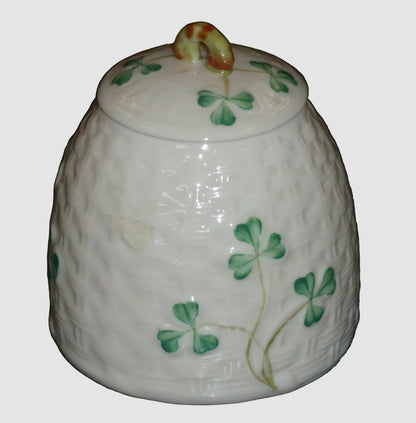 Belleek Ireland Shamrock Honey Pot Jar with Lid - Fine Parian China (3.5")