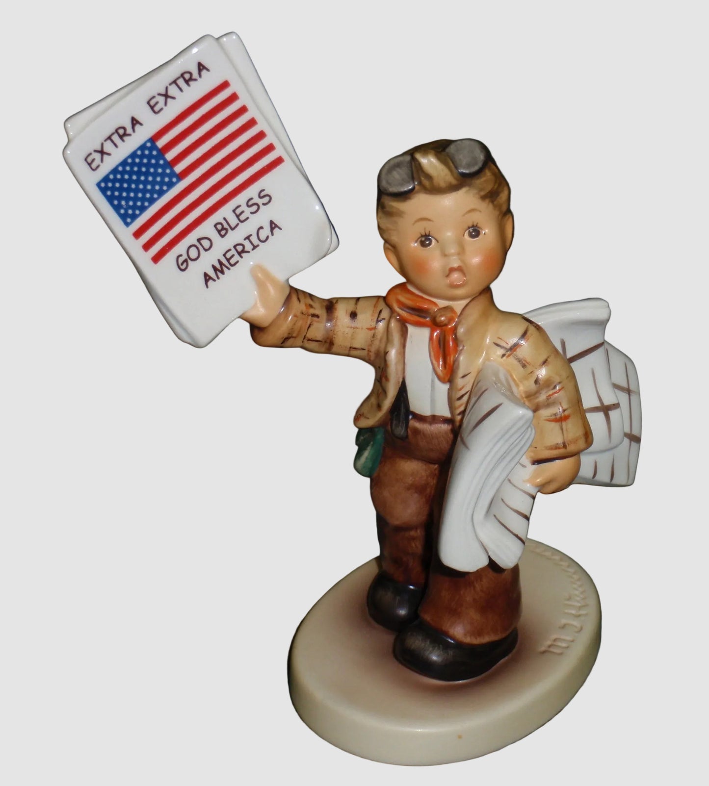 Goebel Hummel Extra Extra Figurine 2113 God Bless America Proud To Be An American Newsboy Flag TMK-8 Vintage Germany Porcelain
