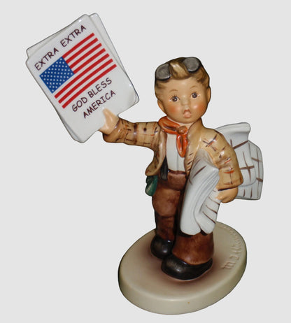 Goebel Hummel Extra Extra Figurine 2113 God Bless America Proud To Be An American Newsboy Flag TMK-8 Vintage Germany Porcelain