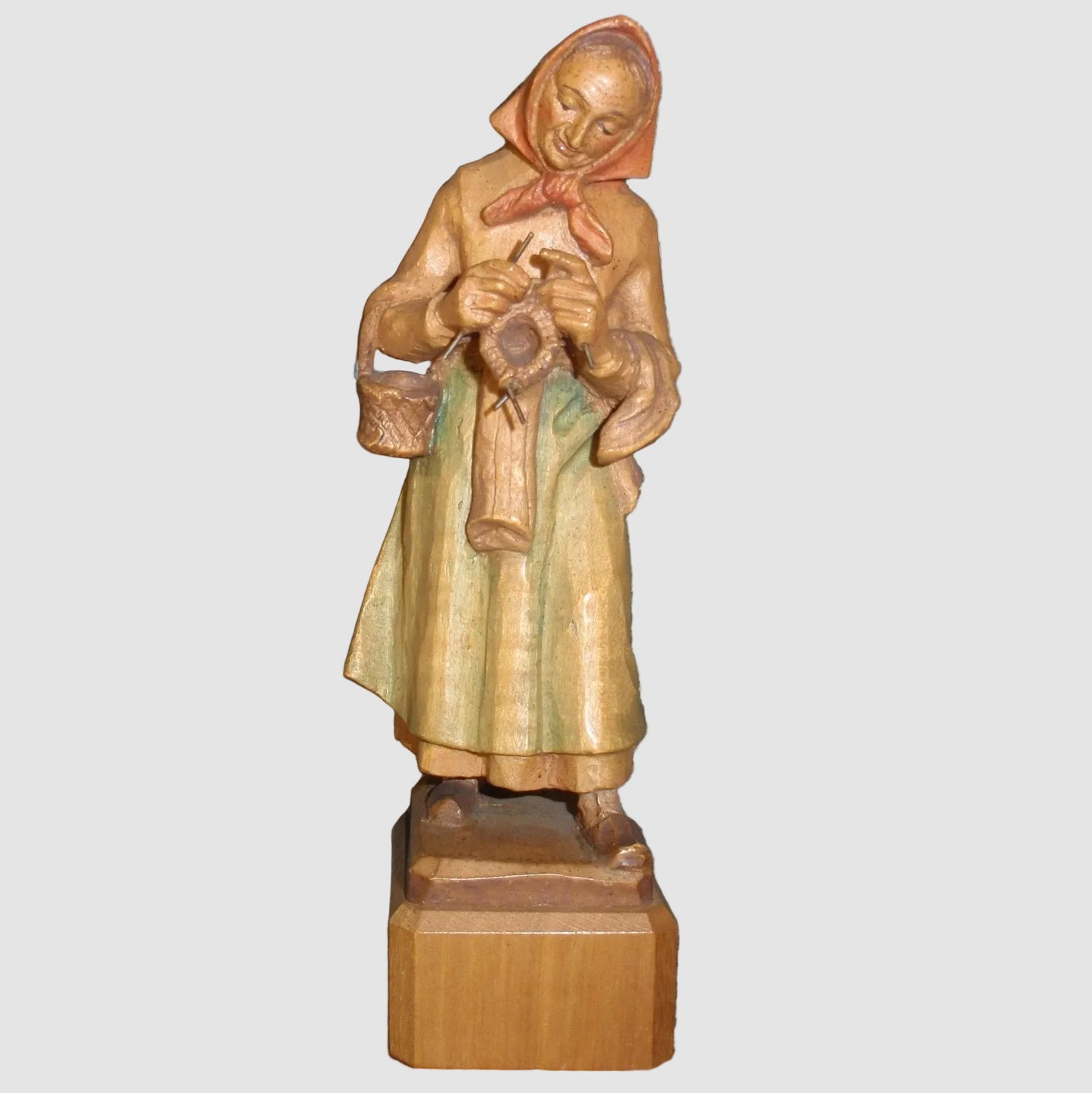 ANRI Woman Knitting Woodcarving Figurine 52220/20 Ulrich Bernardi Signed Hand Carved Italy Wooden Woman Basket Vintage